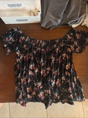 Black Floral Off-Shoulder Smocked Blouse